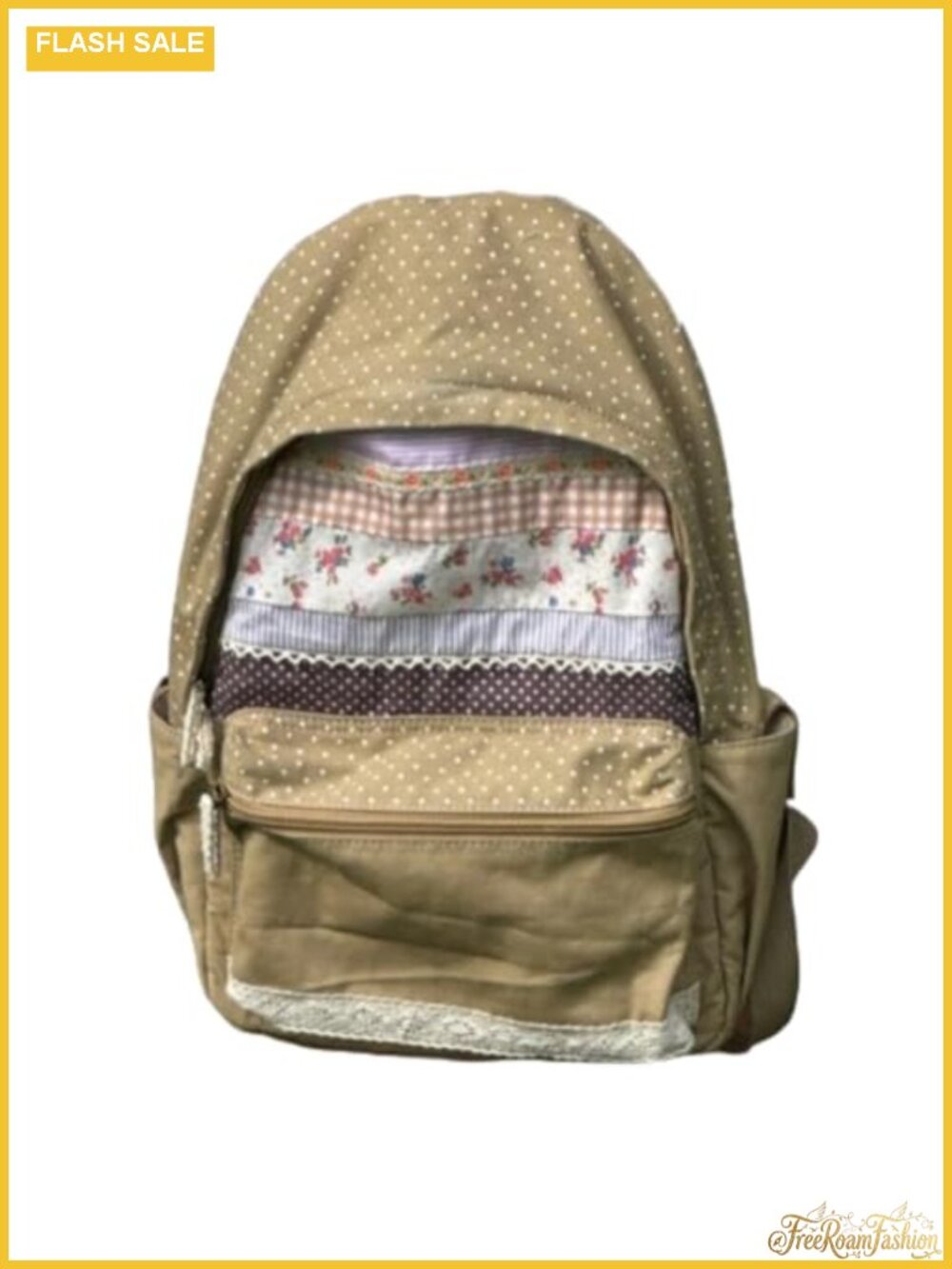 Floral Print Canvas Backpack with Polka Dots Kawaii Shoulder Bag Lace Vintage